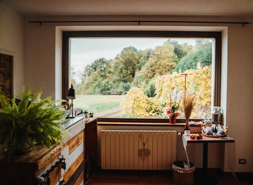 Cozy interior with an autumn view of a green garden and colorful trees.