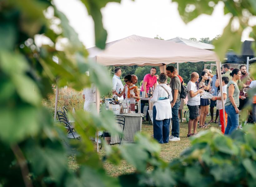 Outdoor gathering with friends, laughter, good food, and wine under a gazebo.